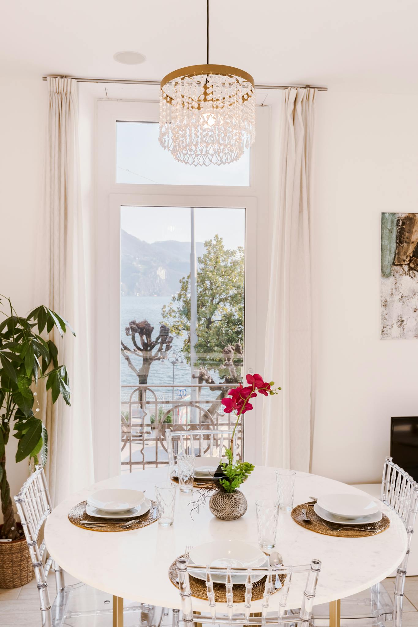 a dining room with a table and
